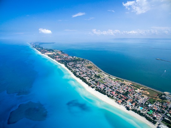 Bird's-eye view to island in summer sunny day