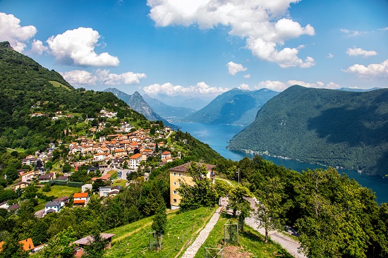 Beautiful view of Bre town in Switzerland with Lake Lugano