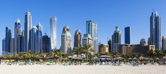 Panoramic view of famous skyscrapers and jumeirah beach
